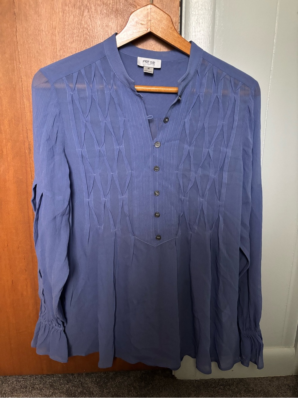 Per Se Pintuck Button-Front Blouse in Blue